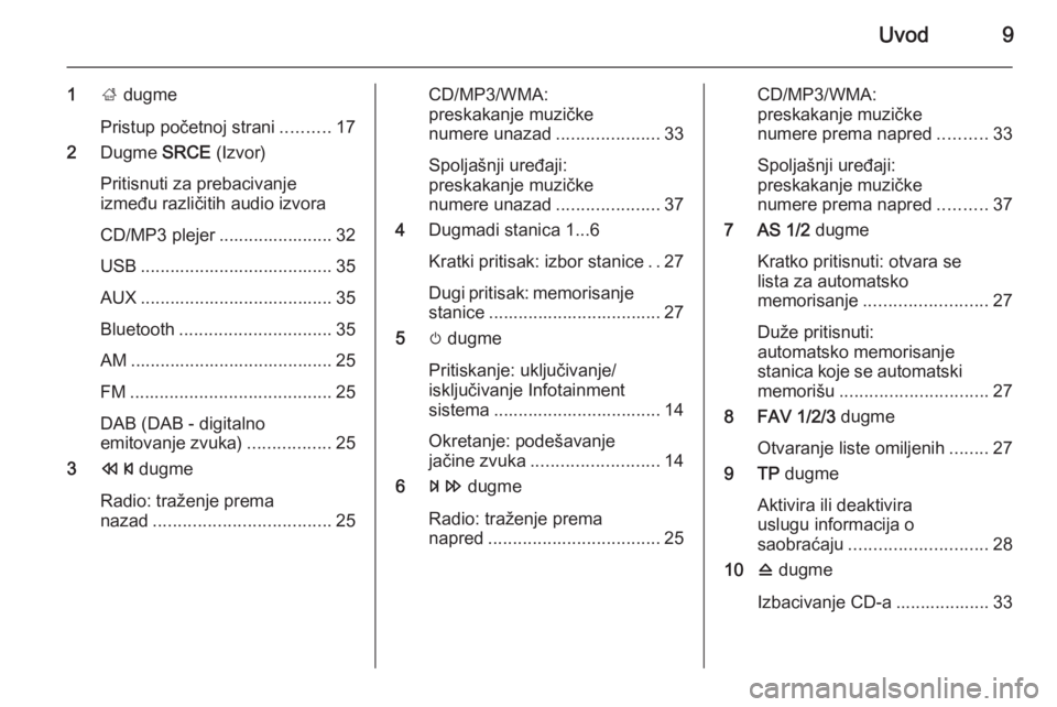 OPEL MERIVA 2015  Uputstvo za rukovanje Infotainment sistemom (in Serbian) Uvod9
1; dugme
Pristup početnoj strani ..........17
2 Dugme  SRCE (Izvor)
Pritisnuti za prebacivanje
između različitih audio izvora
CD/MP3 plejer ....................... 32
USB ....................