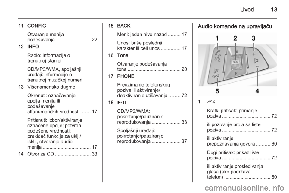 OPEL MERIVA 2015.5  Uputstvo za rukovanje Infotainment sistemom (in Serbian) Uvod13
11 CONFIGOtvaranje menija
podešavanja ......................... 22
12 INFO
Radio: informacije o
trenutnoj stanici
CD/MP3/WMA, spoljašnji
uređaji: informacije o
trenutnoj muzičkoj numeri
13 