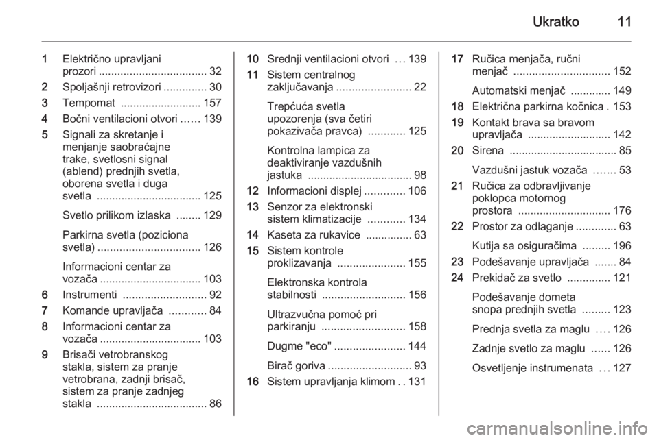 OPEL MERIVA 2015.5  Uputstvo za upotrebu (in Serbian) Ukratko11
1Električno upravljani
prozori ................................... 32
2 Spoljašnji retrovizori ..............30
3 Tempomat  .......................... 157
4 Bočni ventilacioni otvori ....