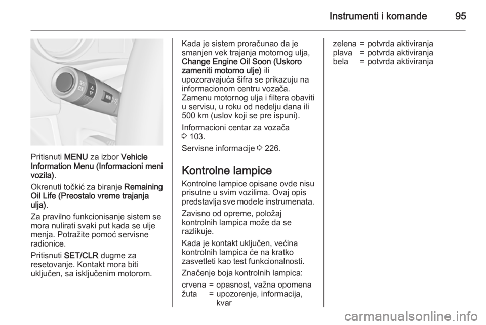 OPEL MERIVA 2015.5  Uputstvo za upotrebu (in Serbian) Instrumenti i komande95
Pritisnuti MENU za izbor  Vehicle
Information Menu (Informacioni meni
vozila) .
Okrenuti točkić za biranje  Remaining
Oil Life (Preostalo vreme trajanja
ulja) .
Za pravilno f