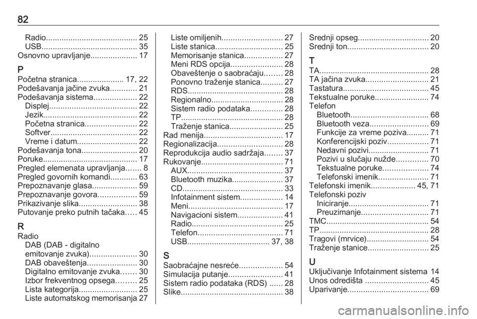 OPEL MERIVA 2016 Uputstvo za rukovanje Infotainment sistemom (in Serbian) 82Radio......................................... 25
USB ........................................... 35
Osnovno upravljanje .....................17
P Početna stranica .....................17, 22
Pode OPEL MERIVA 2016 Uputstvo za rukovanje Infotainment sistemom (in Serbian) 82Radio......................................... 25
USB ........................................... 35
Osnovno upravljanje .....................17
P Početna stranica .....................17, 22
Pode