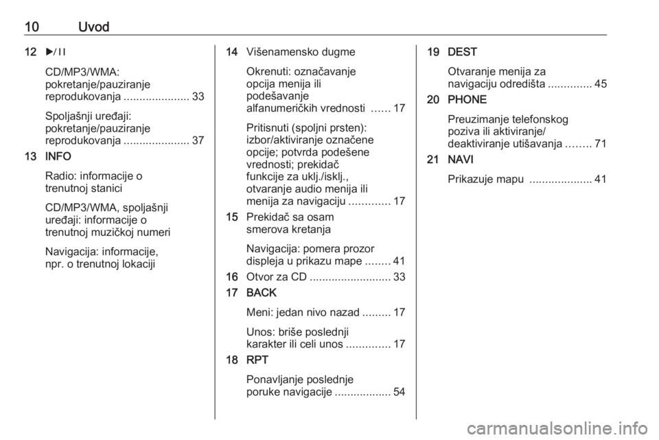 OPEL MERIVA 2016  Uputstvo za rukovanje Infotainment sistemom (in Serbian) 10Uvod12r
CD/MP3/WMA:
pokretanje/pauziranje
reprodukovanja .....................33
Spoljašnji uređaji:
pokretanje/pauziranje
reprodukovanja .....................37
13 INFO
Radio: informacije o
trenu