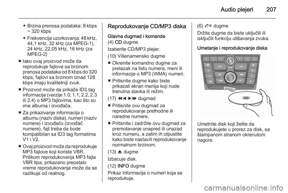 OPEL MOKKA 2014  Uputstvo za rukovanje Infotainment sistemom (in Serbian) Audio plejeri207
◆Brzina prenosa podataka: 8 kbps
~ 320 kbps
◆ Frekvencija uzorkovanja: 48 kHz,
44,1 kHz, 32 kHz (za MPEG-1),
24 kHz, 22,05 kHz, 16 kHz (za
MPEG-2)
■ Iako ovaj proizvod može da 