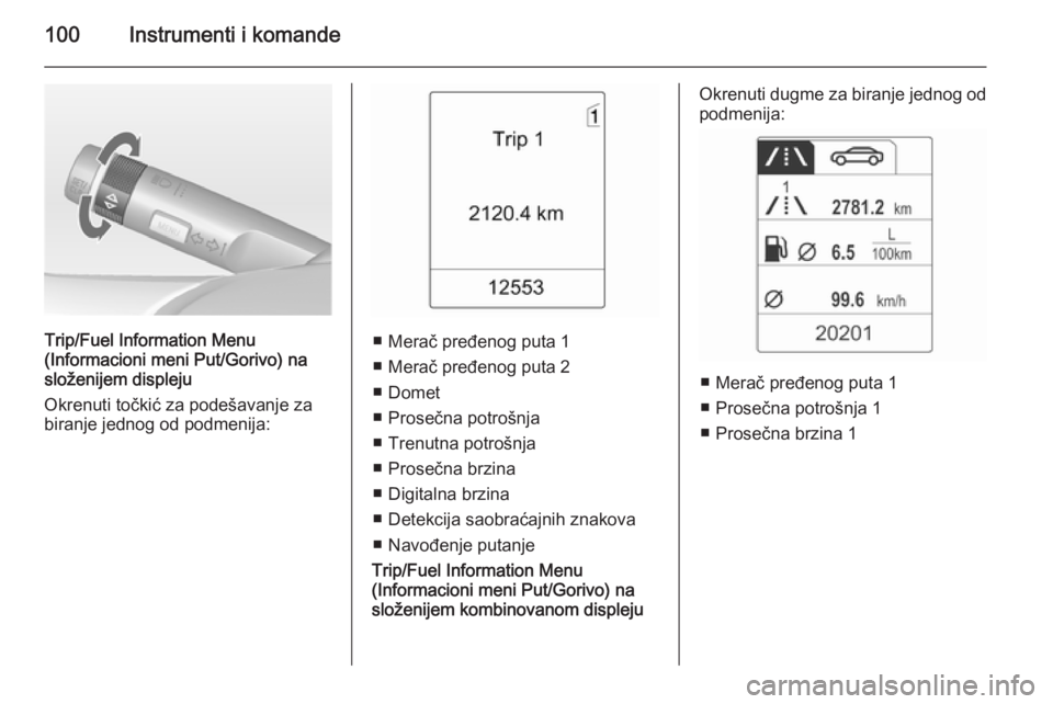 OPEL MOKKA 2015 Uputstvo za upotrebu (in Serbian) 100Instrumenti i komande
Trip/Fuel Information Menu
(Informacioni meni Put/Gorivo) na
složenijem displeju
Okrenuti točkić za podešavanje za biranje jednog od podmenija:■ Merač pređenog puta 1 OPEL MOKKA 2015 Uputstvo za upotrebu (in Serbian) 100Instrumenti i komande
Trip/Fuel Information Menu
(Informacioni meni Put/Gorivo) na
složenijem displeju
Okrenuti točkić za podešavanje za biranje jednog od podmenija:■ Merač pređenog puta 1
