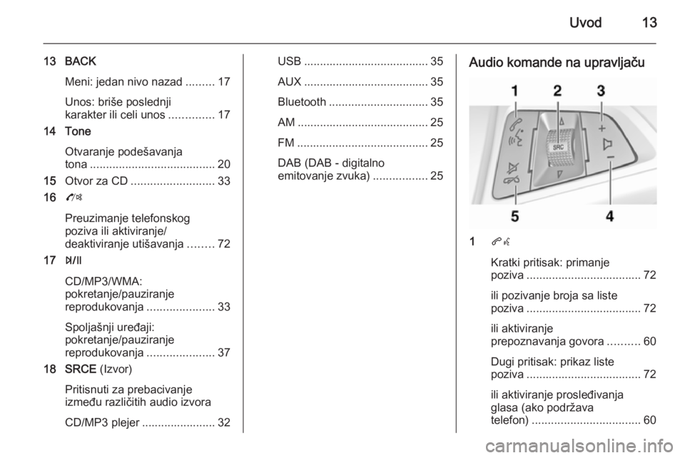 OPEL MOKKA 2015.5 Uputstvo za rukovanje Infotainment sistemom (in Serbian) Uvod13
13 BACKMeni: jedan nivo nazad .........17
Unos: briše poslednji
karakter ili celi unos ..............17
14 Tone
Otvaranje podešavanja
tona ....................................... 20
15 Otvor OPEL MOKKA 2015.5 Uputstvo za rukovanje Infotainment sistemom (in Serbian) Uvod13
13 BACKMeni: jedan nivo nazad .........17
Unos: briše poslednji
karakter ili celi unos ..............17
14 Tone
Otvaranje podešavanja
tona ....................................... 20
15 Otvor