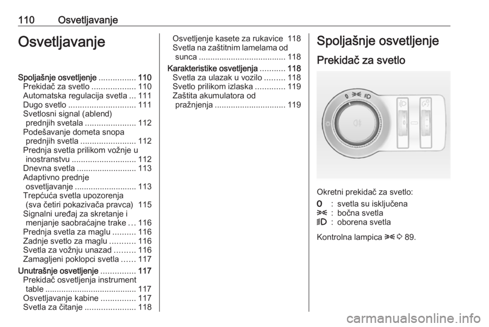 OPEL MOKKA 2016 Uputstvo za upotrebu (in Serbian) 110OsvetljavanjeOsvetljavanjeSpoljašnje osvetljenje................110
Prekidač za svetlo ...................110
Automatska regulacija svetla ...111
Dugo svetlo ............................. 111
Sve OPEL MOKKA 2016 Uputstvo za upotrebu (in Serbian) 110OsvetljavanjeOsvetljavanjeSpoljašnje osvetljenje................110
Prekidač za svetlo ...................110
Automatska regulacija svetla ...111
Dugo svetlo ............................. 111
Sve