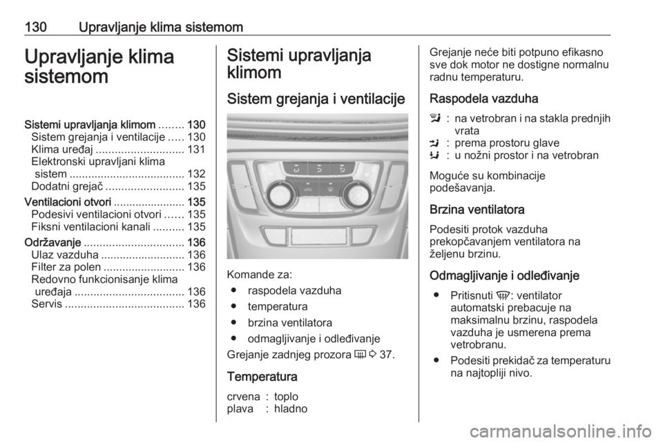 OPEL MOKKA X 2017 Uputstvo za upotrebu (in Serbian) 130Upravljanje klima sistemomUpravljanje klima
sistemomSistemi upravljanja klimom ........130
Sistem grejanja i ventilacije .....130
Klima uređaj ............................ 131
Elektronski upravlja OPEL MOKKA X 2017 Uputstvo za upotrebu (in Serbian) 130Upravljanje klima sistemomUpravljanje klima
sistemomSistemi upravljanja klimom ........130
Sistem grejanja i ventilacije .....130
Klima uređaj ............................ 131
Elektronski upravlja