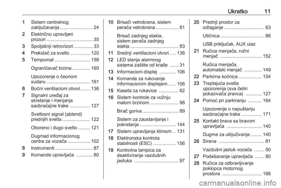 OPEL MOKKA X 2018  Uputstvo za rukovanje Infotainment sistemom (in Serbian) Ukratko111Sistem centralnog
zaključavanja ........................ 24
2 Električno upravljani
prozori ................................... 35
3 Spoljašnji retrovizori ..............33
4 Prekidač za