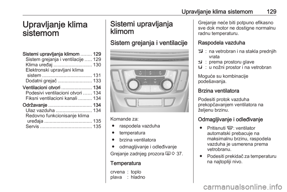 OPEL MOKKA X 2019 Uputstvo za upotrebu (in Serbian) Upravljanje klima sistemom129Upravljanje klima
sistemomSistemi upravljanja klimom ........129
Sistem grejanja i ventilacije .....129
Klima uređaj ............................ 130
Elektronski upravlja OPEL MOKKA X 2019 Uputstvo za upotrebu (in Serbian) Upravljanje klima sistemom129Upravljanje klima
sistemomSistemi upravljanja klimom ........129
Sistem grejanja i ventilacije .....129
Klima uređaj ............................ 130
Elektronski upravlja