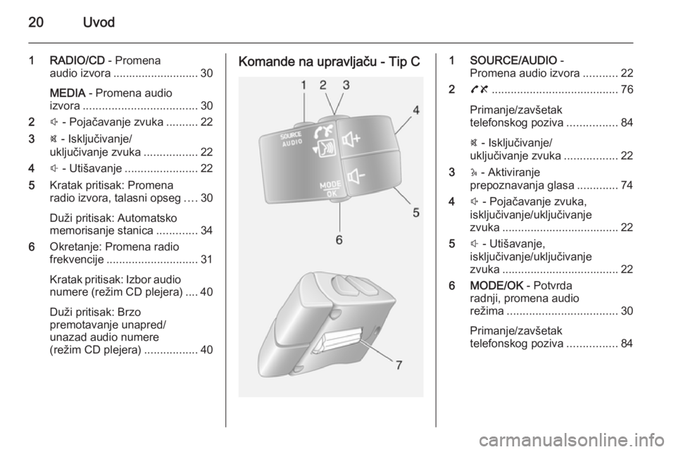 OPEL MOVANO_B 2014.5  Uputstvo za rukovanje Infotainment sistemom (in Serbian) 20Uvod
1 RADIO/CD - Promena
audio izvora ........................... 30
MEDIA  - Promena audio
izvora .................................... 30
2 ! - Pojačavanje zvuka ..........22
3 @ - Isključivanje