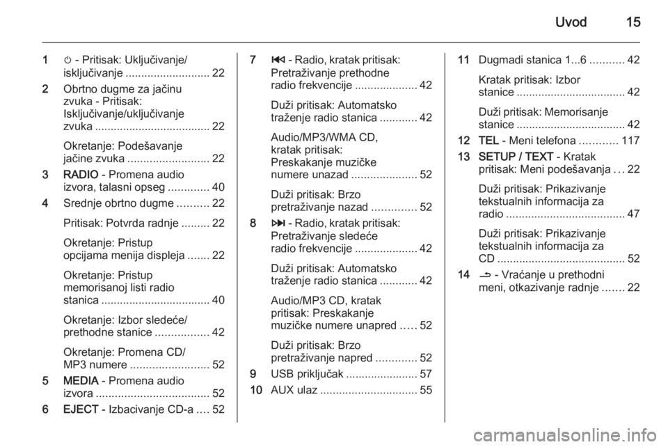 OPEL VIVARO B 2015.5  Uputstvo za rukovanje Infotainment sistemom (in Serbian) Uvod15
1m - Pritisak: Uključivanje/
isključivanje ........................... 22
2 Obrtno dugme za jačinu
zvuka - Pritisak:
Isključivanje/uključivanje
zvuka ..................................... 