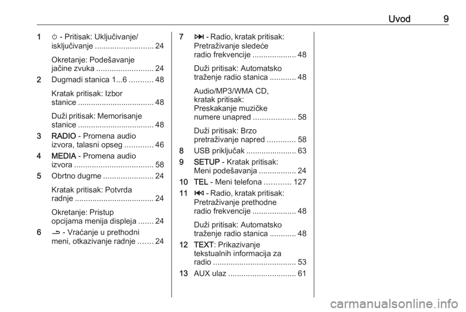 OPEL VIVARO B 2016  Uputstvo za rukovanje Infotainment sistemom (in Serbian) Uvod91m - Pritisak: Uključivanje/
isključivanje ........................... 24
Okretanje: Podešavanje
jačine zvuka .......................... 24
2 Dugmadi stanica 1...6 ...........48
Kratak pritis