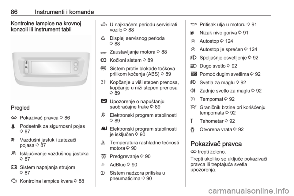 OPEL MOVANO_B 2016  Uputstvo za upotrebu (in Serbian) 86Instrumenti i komandeKontrolne lampice na krovnoj
konzoli ili instrument tabli
Pregled
OPokazivač pravca  3 86XPodsetnik za sigurnosni pojas
3  87vVazdušni jastuk i zatezači
pojasa  3 87WIsključ