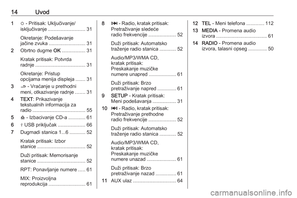OPEL MOVANO_B 2016.5  Uputstvo za rukovanje Infotainment sistemom (in Serbian) 14Uvod1m - Pritisak: Uključivanje/
isključivanje ........................... 31
Okretanje: Podešavanje
jačine zvuka .......................... 31
2 Obrtno dugme  OK................. 31
Kratak prit