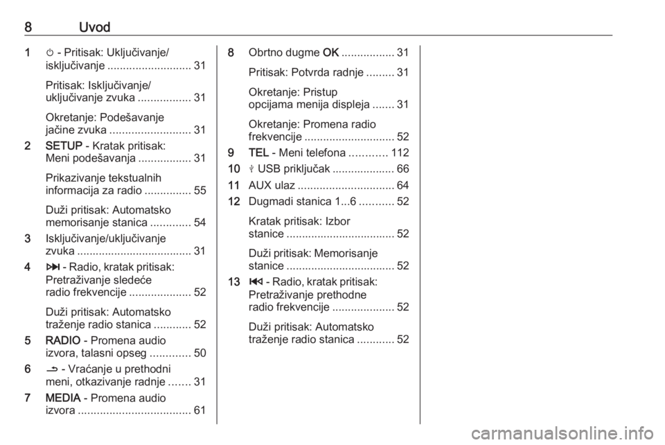 OPEL VIVARO B 2016.5  Uputstvo za rukovanje Infotainment sistemom (in Serbian) 8Uvod1m - Pritisak: Uključivanje/
isključivanje ........................... 31
Pritisak: Isključivanje/
uključivanje zvuka .................31
Okretanje: Podešavanje
jačine zvuka ...............