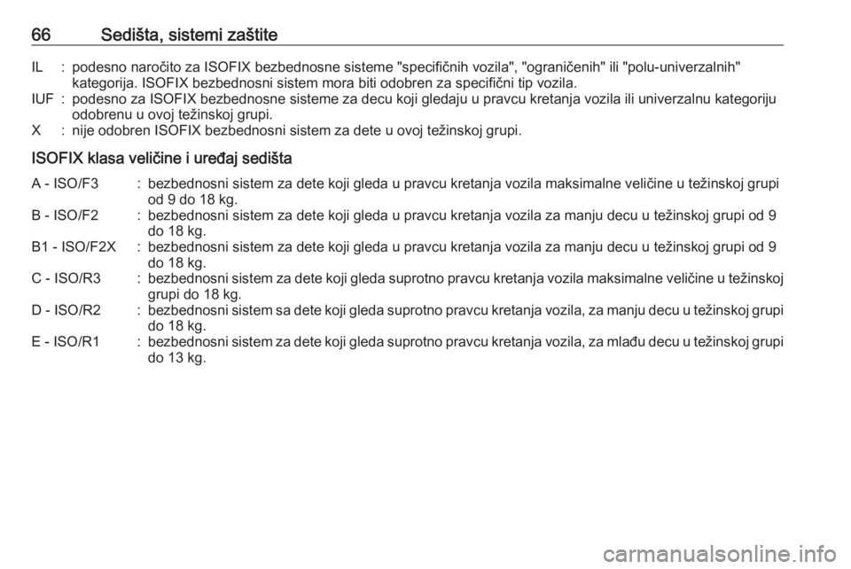OPEL MOVANO_B 2016.5  Uputstvo za upotrebu (in Serbian) 66Sedišta, sistemi zaštiteIL:podesno naročito za ISOFIX bezbednosne sisteme "specifičnih vozila", "ograničenih" ili "polu-univerzalnih"kategorija. ISOFIX bezbednosni siste