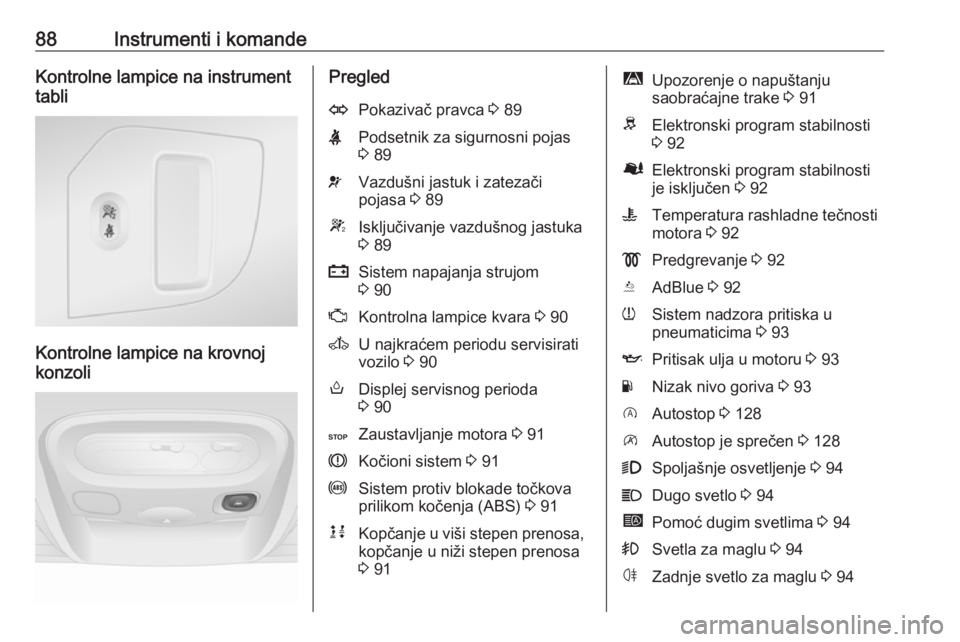 OPEL MOVANO_B 2016.5  Uputstvo za upotrebu (in Serbian) 88Instrumenti i komandeKontrolne lampice na instrument
tabli
Kontrolne lampice na krovnoj
konzoli
PregledOPokazivač pravca  3 89XPodsetnik za sigurnosni pojas
3  89vVazdušni jastuk i zatezači
pojas