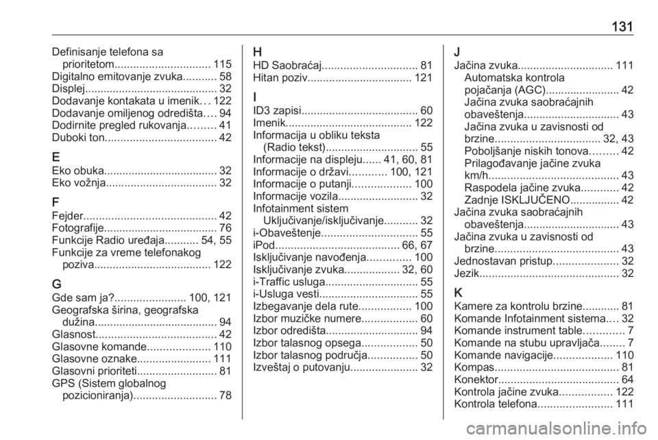 OPEL VIVARO B 2017.5  Uputstvo za rukovanje Infotainment sistemom (in Serbian) 131Definisanje telefona saprioritetom ............................... 115
Digitalno emitovanje zvuka ...........58
Displej ........................................... 32
Dodavanje kontakata u imenik .