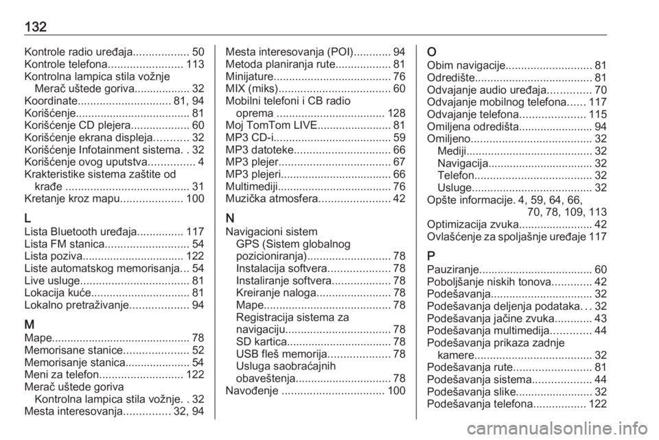 OPEL VIVARO B 2017.5  Uputstvo za rukovanje Infotainment sistemom (in Serbian) 132Kontrole radio uređaja..................50
Kontrole telefona ........................113
Kontrolna lampica stila vožnje Merač uštede goriva.................. 32
Koordinate .....................