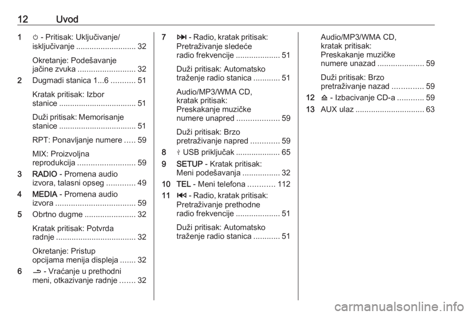 OPEL MOVANO_B 2018.5  Uputstvo za rukovanje Infotainment sistemom (in Serbian) 12Uvod1m - Pritisak: Uključivanje/
isključivanje ........................... 32
Okretanje: Podešavanje
jačine zvuka .......................... 32
2 Dugmadi stanica 1...6 ...........51
Kratak priti