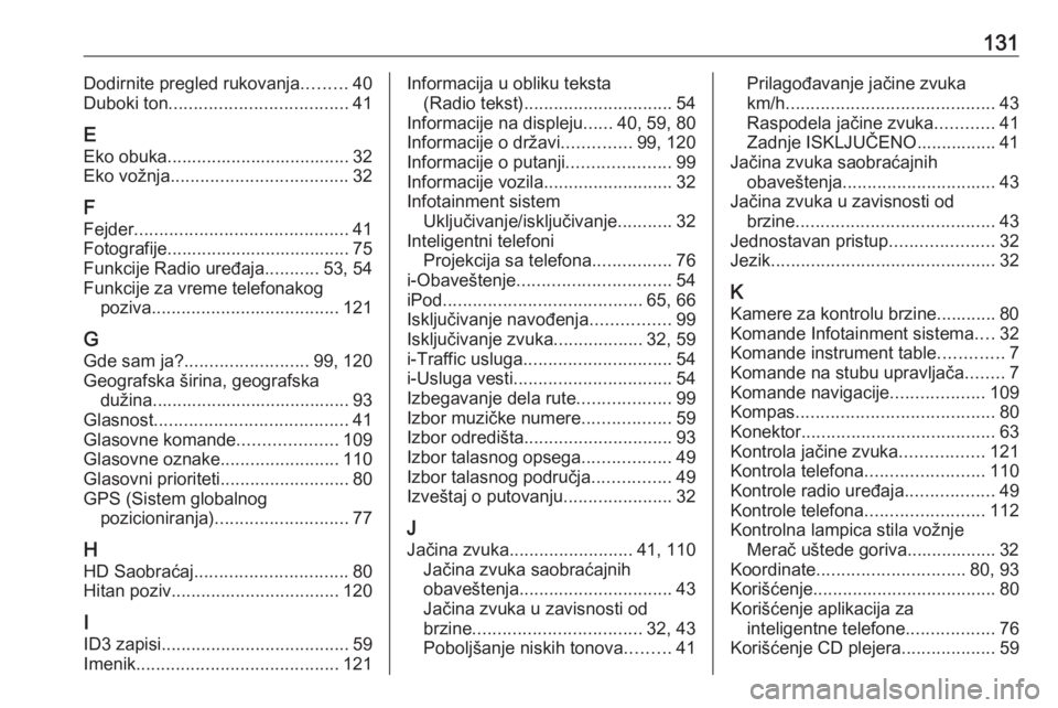 OPEL MOVANO_B 2018.5  Uputstvo za rukovanje Infotainment sistemom (in Serbian) 131Dodirnite pregled rukovanja.........40
Duboki ton .................................... 41
E
Eko obuka..................................... 32
Eko vožnja .................................... 32
F F