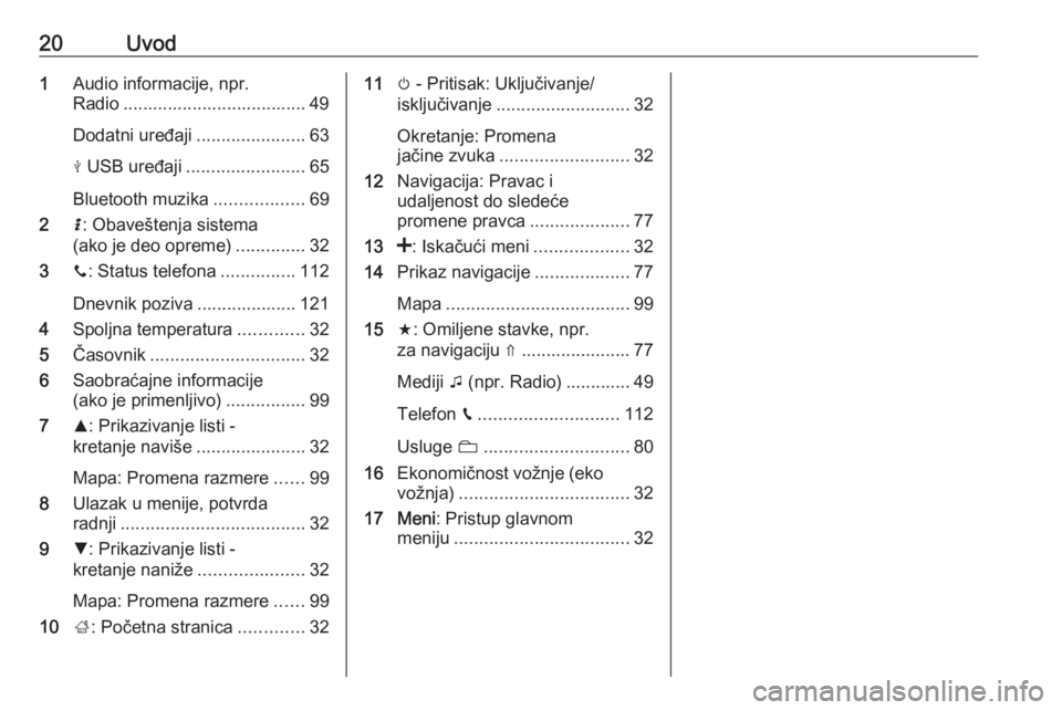 OPEL MOVANO_B 2018.5  Uputstvo za rukovanje Infotainment sistemom (in Serbian) 20Uvod1Audio informacije, npr.
Radio ..................................... 49
Dodatni uređaji ......................63
M  USB uređaji ........................ 65
Bluetooth muzika ..................6