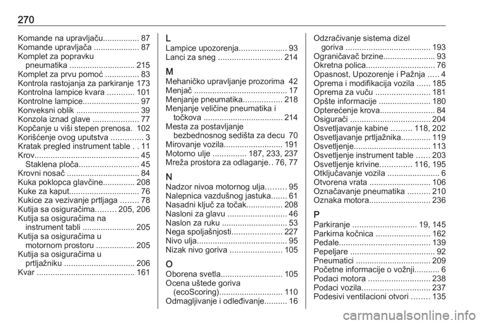 OPEL MOVANO_B 2018.5  Uputstvo za upotrebu (in Serbian) 270Komande na upravljaču................87
Komande upravljača  ....................87
Komplet za popravku pneumatika ............................. 215
Komplet za prvu pomoć  ...............83
Kontr