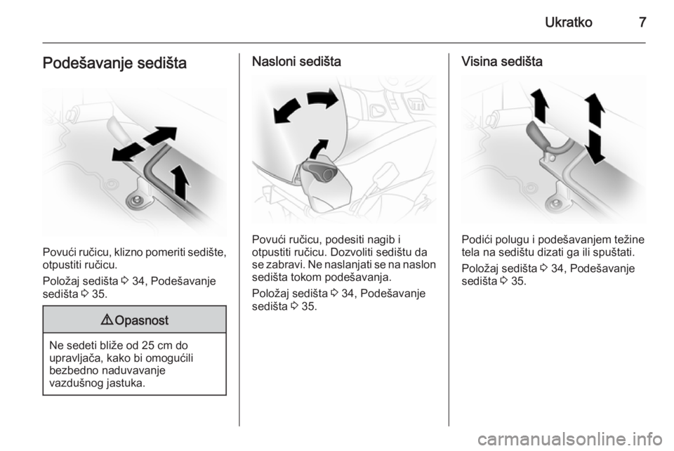 OPEL VIVARO 2014  Uputstvo za upotrebu (in Serbian) Ukratko7Podešavanje sedišta
Povući ručicu, klizno pomeriti sedište,otpustiti ručicu.
Položaj sedišta  3 34, Podešavanje
sedišta  3 35.
9 Opasnost
Ne sedeti bliže od 25 cm do
upravljača, ka