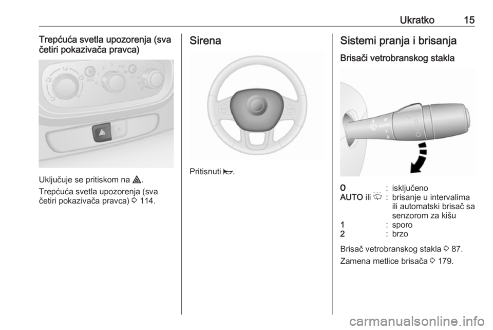 OPEL VIVARO B 2018  Uputstvo za upotrebu (in Serbian) Ukratko15Trepćuća svetla upozorenja (sva
četiri pokazivača pravca)
Uključuje se pritiskom na  ¨.
Trepćuća svetla upozorenja (sva četiri pokazivača pravca)  3 114.
Sirena
Pritisnuti  j.
Siste
