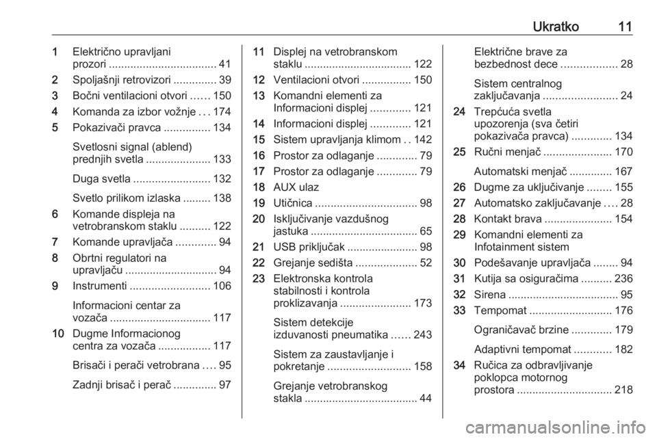 OPEL VIVARO C 2020  Uputstvo za upotrebu (in Serbian) Ukratko111Električno upravljani
prozori ................................... 41
2 Spoljašnji retrovizori ..............39
3 Bočni ventilacioni otvori ......150
4 Komanda za izbor vožnje ...174
5 Po