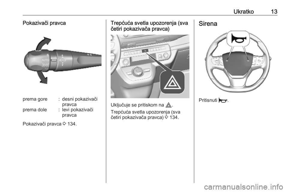 OPEL VIVARO C 2020  Uputstvo za upotrebu (in Serbian) Ukratko13Pokazivači pravcaprema gore:desni pokazivači
pravcaprema dole:levi pokazivači
pravca
Pokazivači pravca  3 134.
Trepćuća svetla upozorenja (sva
četiri pokazivača pravca)
Uključuje se 