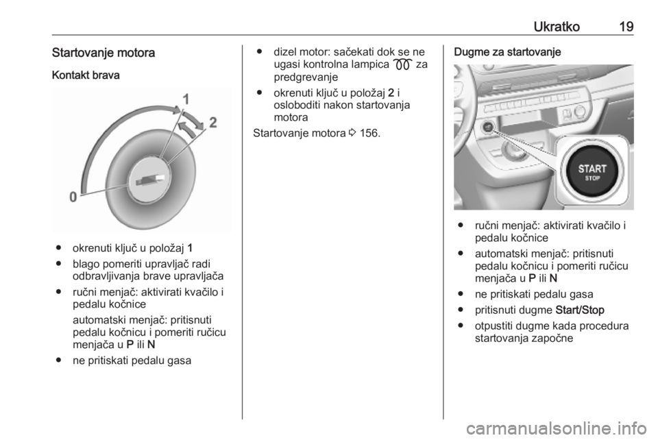 OPEL VIVARO C 2020  Uputstvo za upotrebu (in Serbian) Ukratko19Startovanje motoraKontakt brava
● okrenuti ključ u položaj  1
● blago pomeriti upravljač radi odbravljivanja brave upravljača
● ručni menjač: aktivirati kvačilo i pedalu kočnice