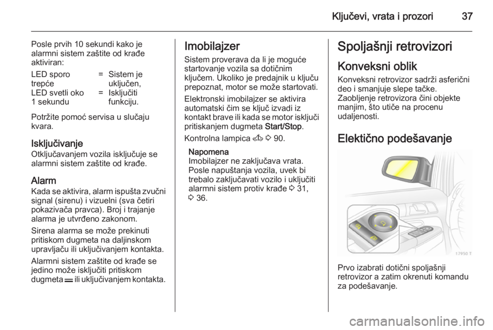 OPEL ZAFIRA B 2014  Uputstvo za upotrebu (in Serbian) Ključevi, vrata i prozori37
Posle prvih 10 sekundi kako je
alarmni sistem zaštite od krađe
aktiviran:LED sporo
trepće=Sistem je
uključen,LED svetli oko
1 sekundu=Isključiti
funkciju.
Potržite p