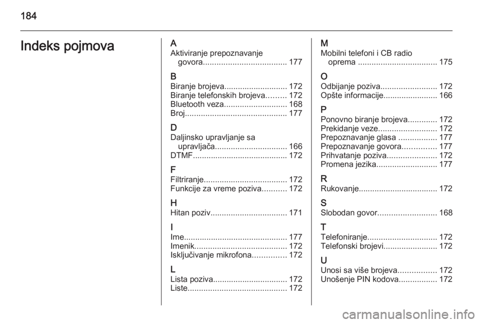 OPEL ZAFIRA B 2014.5  Uputstvo za rukovanje Infotainment sistemom (in Serbian) 184Indeks pojmovaAAktiviranje prepoznavanje govora ..................................... 177
B Biranje brojeva............................ 172
Biranje telefonskih brojeva .........172
Bluetooth veza .