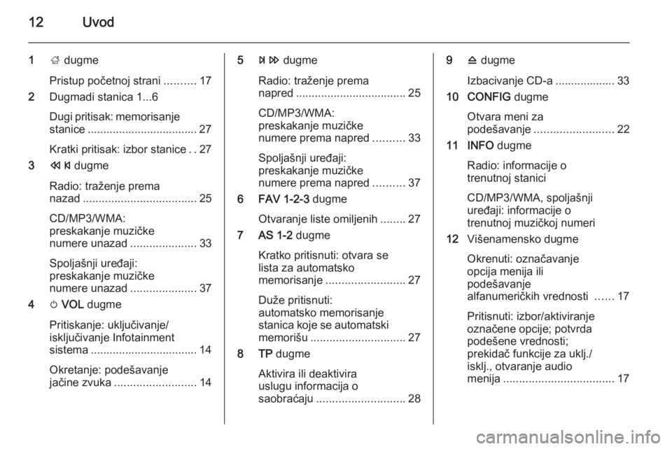 OPEL ZAFIRA C 2015 Uputstvo za rukovanje Infotainment sistemom (in Serbian) 12Uvod
1; dugme
Pristup početnoj strani ..........17
2 Dugmadi stanica 1...6
Dugi pritisak: memorisanje stanice ................................... 27
Kratki pritisak: izbor stanice ..27
3 s dugme
R OPEL ZAFIRA C 2015 Uputstvo za rukovanje Infotainment sistemom (in Serbian) 12Uvod
1; dugme
Pristup početnoj strani ..........17
2 Dugmadi stanica 1...6
Dugi pritisak: memorisanje stanice ................................... 27
Kratki pritisak: izbor stanice ..27
3 s dugme
R