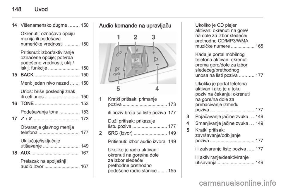 OPEL ZAFIRA C 2015 Uputstvo za rukovanje Infotainment sistemom (in Serbian) 148Uvod
14Višenamensko dugme ........150
Okrenuti: označava opciju
menija ili podešava
numeričke vrednosti ...........150
Pritisnuti: izbor/aktiviranje
označene opcije; potvrda
podešene vrednos OPEL ZAFIRA C 2015 Uputstvo za rukovanje Infotainment sistemom (in Serbian) 148Uvod
14Višenamensko dugme ........150
Okrenuti: označava opciju
menija ili podešava
numeričke vrednosti ...........150
Pritisnuti: izbor/aktiviranje
označene opcije; potvrda
podešene vrednos