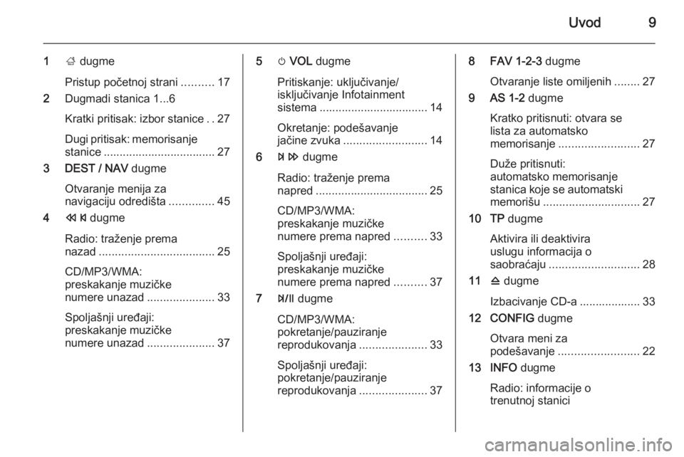 OPEL ZAFIRA C 2015  Uputstvo za rukovanje Infotainment sistemom (in Serbian) Uvod9
1; dugme
Pristup početnoj strani ..........17
2 Dugmadi stanica 1...6
Kratki pritisak: izbor stanice ..27
Dugi pritisak: memorisanje
stanice ................................... 27
3 DEST / NAV 