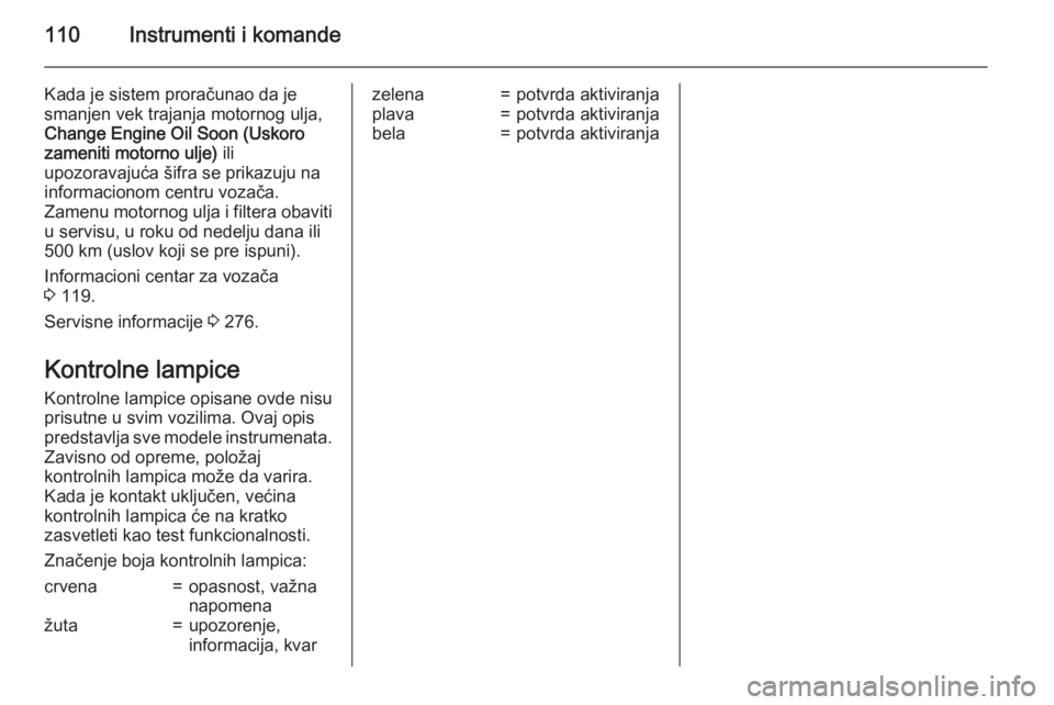 OPEL ZAFIRA C 2015  Uputstvo za upotrebu (in Serbian) 110Instrumenti i komande
Kada je sistem proračunao da je
smanjen vek trajanja motornog ulja,
Change Engine Oil Soon (Uskoro
zameniti motorno ulje)  ili
upozoravajuća šifra se prikazuju na informaci
