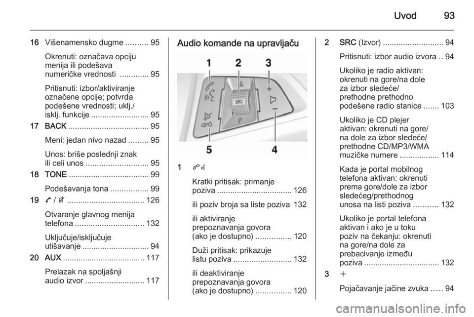 OPEL ZAFIRA C 2015.5 Uputstvo za rukovanje Infotainment sistemom (in Serbian) Uvod93
16Višenamensko dugme ..........95
Okrenuti: označava opciju
menija ili podešava
numeričke vrednosti .............95
Pritisnuti: izbor/aktiviranje
označene opcije; potvrda
podešene vredno OPEL ZAFIRA C 2015.5 Uputstvo za rukovanje Infotainment sistemom (in Serbian) Uvod93
16Višenamensko dugme ..........95
Okrenuti: označava opciju
menija ili podešava
numeričke vrednosti .............95
Pritisnuti: izbor/aktiviranje
označene opcije; potvrda
podešene vredno