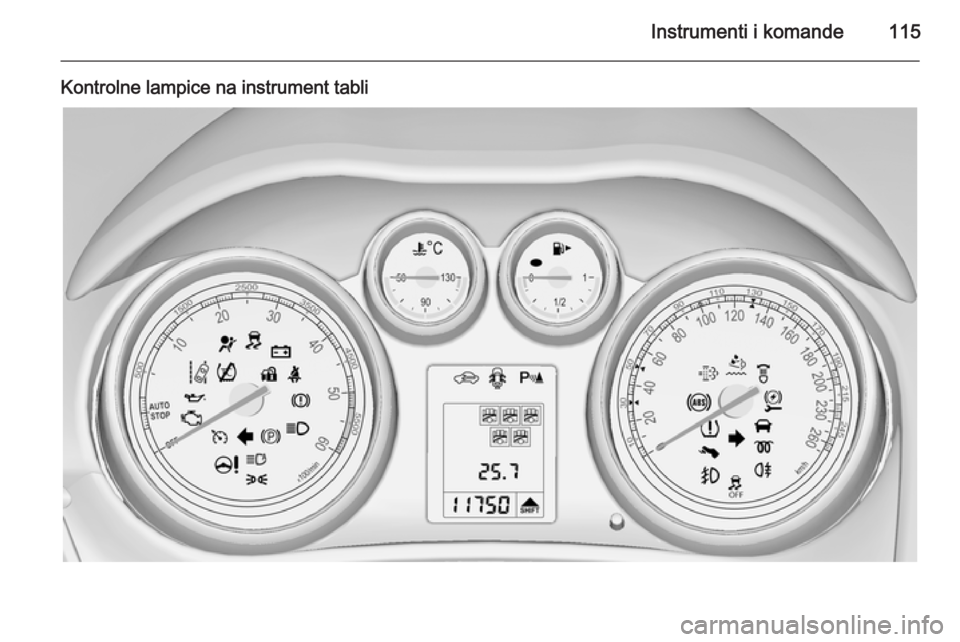 OPEL ZAFIRA C 2015.5 Uputstvo za upotrebu (in Serbian) Instrumenti i komande115
Kontrolne lampice na instrument tabli OPEL ZAFIRA C 2015.5 Uputstvo za upotrebu (in Serbian) Instrumenti i komande115
Kontrolne lampice na instrument tabli