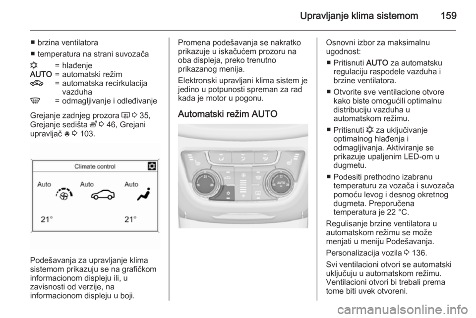 OPEL ZAFIRA C 2015.5 Uputstvo za upotrebu (in Serbian) Upravljanje klima sistemom159
■ brzina ventilatora
■ temperatura na strani suvozačan=hlađenjeAUTO=automatski režim4=automatska recirkulacija
vazduhaV=odmagljivanje i odleđivanje
Grejanje zadnj OPEL ZAFIRA C 2015.5 Uputstvo za upotrebu (in Serbian) Upravljanje klima sistemom159
■ brzina ventilatora
■ temperatura na strani suvozačan=hlađenjeAUTO=automatski režim4=automatska recirkulacija
vazduhaV=odmagljivanje i odleđivanje
Grejanje zadnj