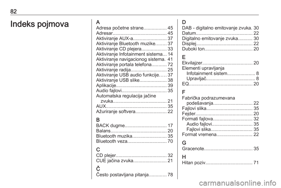 OPEL ZAFIRA C 2016  Uputstvo za rukovanje Infotainment sistemom (in Serbian) 82Indeks pojmovaAAdresa početne strane .................45
Adresar ......................................... 45
Aktiviranje AUX-a .........................37
Aktiviranje Bluetooth muzike ........37
A