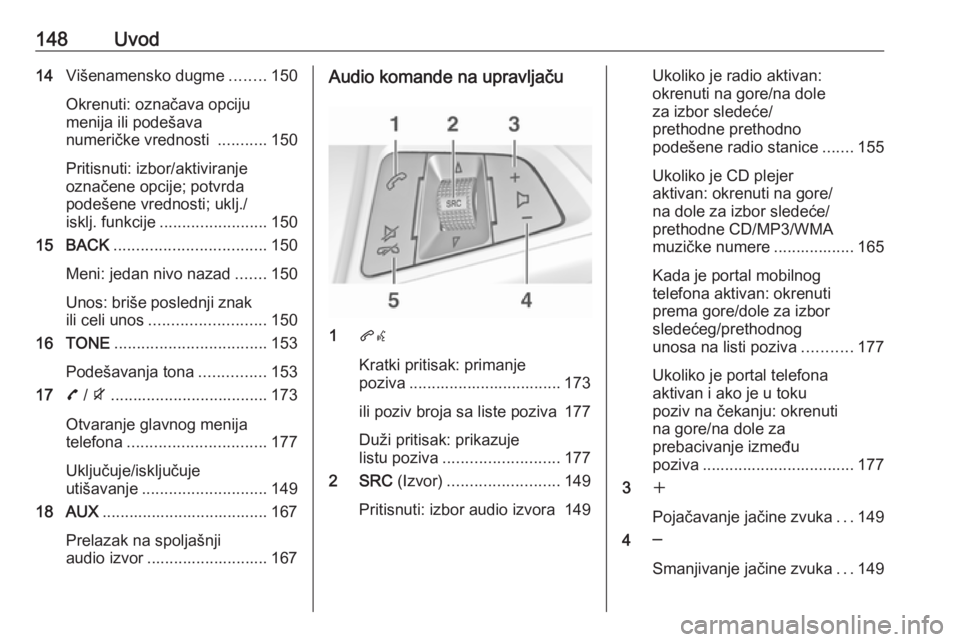 OPEL ZAFIRA C 2016.5 Uputstvo za rukovanje Infotainment sistemom (in Serbian) 148Uvod14Višenamensko dugme ........150
Okrenuti: označava opciju
menija ili podešava
numeričke vrednosti ...........150
Pritisnuti: izbor/aktiviranje
označene opcije; potvrda
podešene vrednost OPEL ZAFIRA C 2016.5 Uputstvo za rukovanje Infotainment sistemom (in Serbian) 148Uvod14Višenamensko dugme ........150
Okrenuti: označava opciju
menija ili podešava
numeričke vrednosti ...........150
Pritisnuti: izbor/aktiviranje
označene opcije; potvrda
podešene vrednost