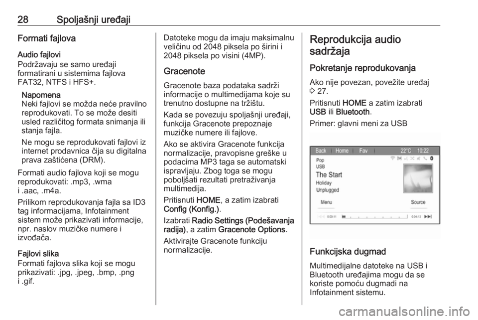 OPEL ZAFIRA C 2017  Uputstvo za rukovanje Infotainment sistemom (in Serbian) 28Spoljašnji uređajiFormati fajlovaAudio fajlovi
Podržavaju se samo uređaji
formatirani u sistemima fajlova
FAT32, NTFS i HFS+.
Napomena
Neki fajlovi se možda neće pravilno
reprodukovati. To se 