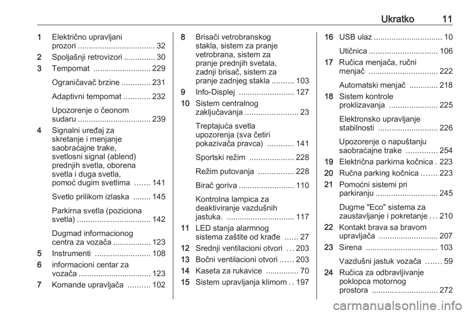 OPEL ZAFIRA C 2018  Uputstvo za upotrebu (in Serbian) Ukratko111Električno upravljani
prozori ................................... 32
2 Spoljašnji retrovizori ..............30
3 Tempomat  .......................... 229
Ograničavač brzine .............
