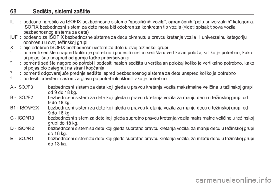 OPEL ZAFIRA C 2018  Uputstvo za upotrebu (in Serbian) 68Sedišta, sistemi zaštiteIL:podesno naročito za ISOFIX bezbednosne sisteme "specifičnih vozila", ograničenih "polu-univerzalnih" kategorija.ISOFIX bezbednosni sistem za dete mora