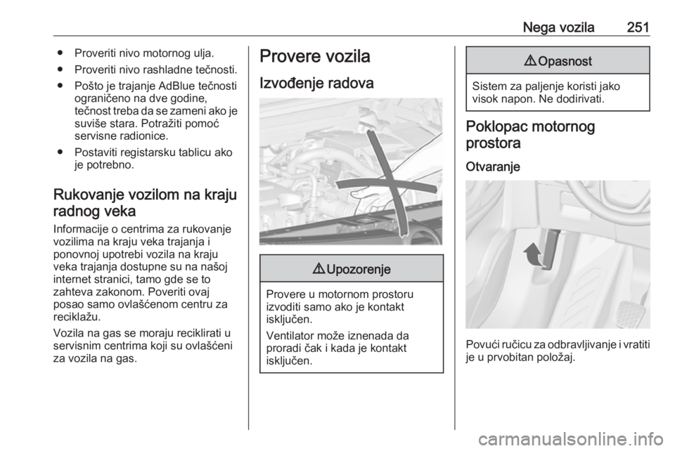 OPEL ZAFIRA C 2019  Uputstvo za upotrebu (in Serbian) Nega vozila251● Proveriti nivo motornog ulja.● Proveriti nivo rashladne tečnosti.
● Pošto je trajanje AdBlue tečnosti ograničeno na dve godine,
tečnost treba da se zameni ako je suviše sta