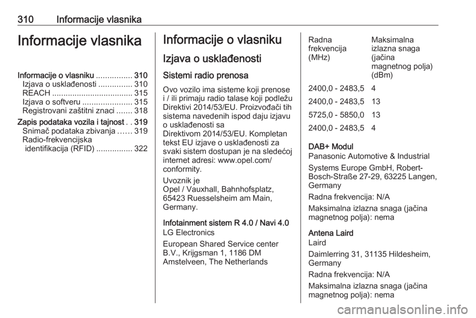 OPEL ZAFIRA C 2019  Uputstvo za upotrebu (in Serbian) 310Informacije vlasnikaInformacije vlasnikaInformacije o vlasniku................310
Izjava o usklađenosti ...............310
REACH .................................... 315
Izjava o softveru ........