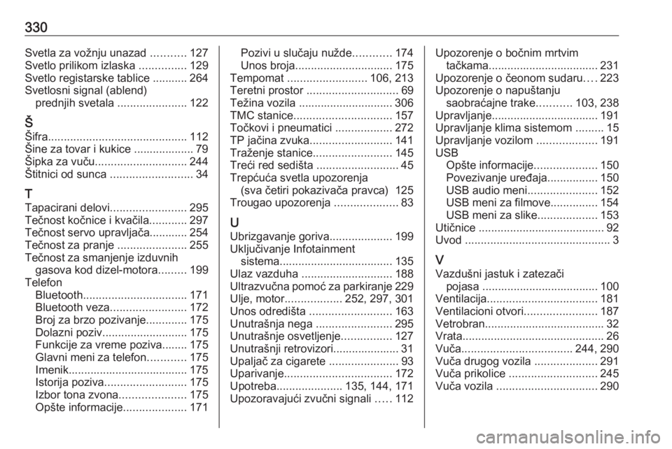 OPEL ZAFIRA C 2019  Uputstvo za upotrebu (in Serbian) 330Svetla za vožnju unazad ...........127
Svetlo prilikom izlaska  ...............129
Svetlo registarske tablice ........... 264
Svetlosni signal (ablend) prednjih svetala  ......................122
