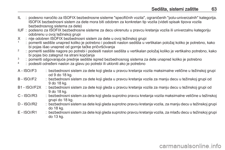 OPEL ZAFIRA C 2019  Uputstvo za upotrebu (in Serbian) Sedišta, sistemi zaštite63IL:podesno naročito za ISOFIX bezbednosne sisteme "specifičnih vozila", ograničenih "polu-univerzalnih" kategorija.
ISOFIX bezbednosni sistem za dete mor